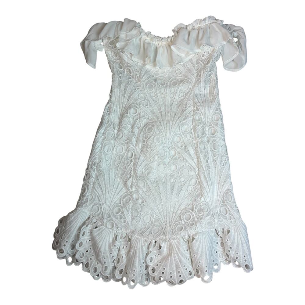 A.PEACH OFF-THE-SHOULDER  LACE EYELET MINI DRESS CHIC CONTEMPORARY STYLE SIZE XS